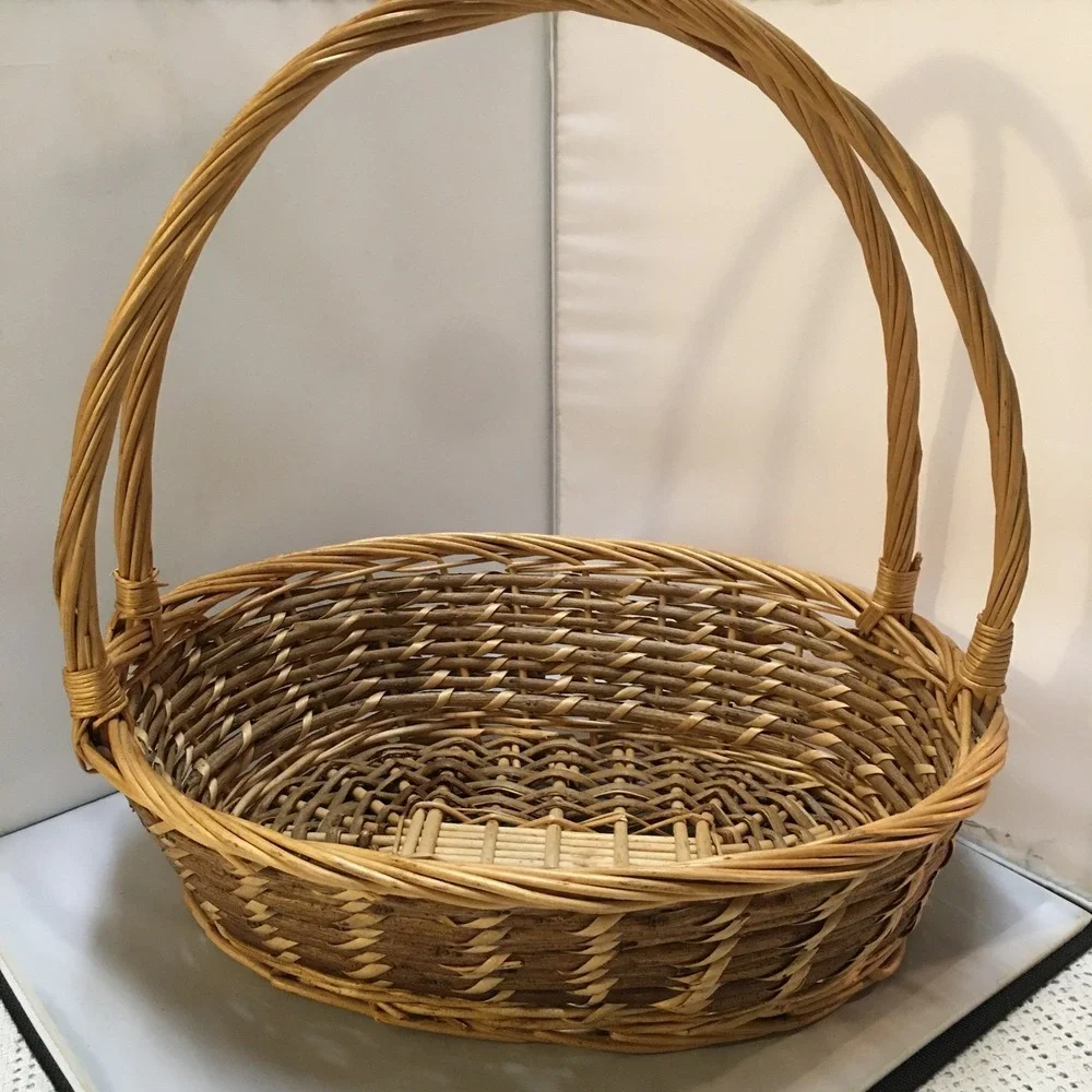Woven Wicker Basket Large Brown Oval Double Handle Gathering Rustic Farmhouse